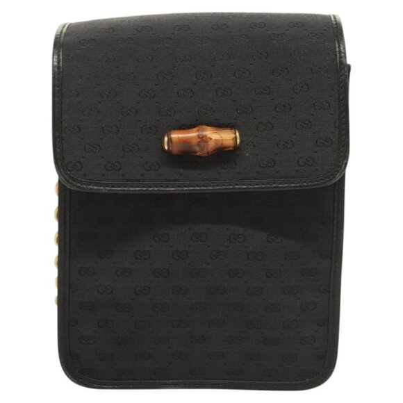 GUCCI Micro GG Canvas Bamboo Shoulder Bag PVC Black Gold Auth sw753 - Picture 3 of 15